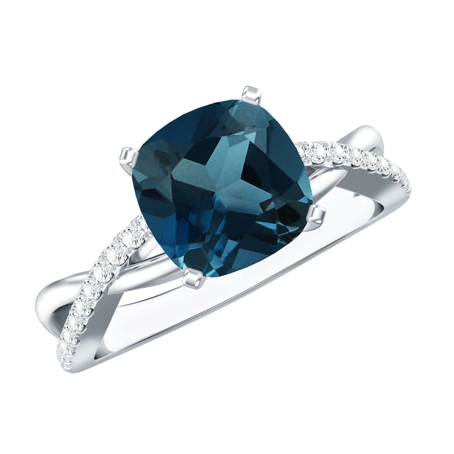 8mm Cushion Cut London Blue Topaz Solitaire Engagement Ring with Diamond Crossover Shank