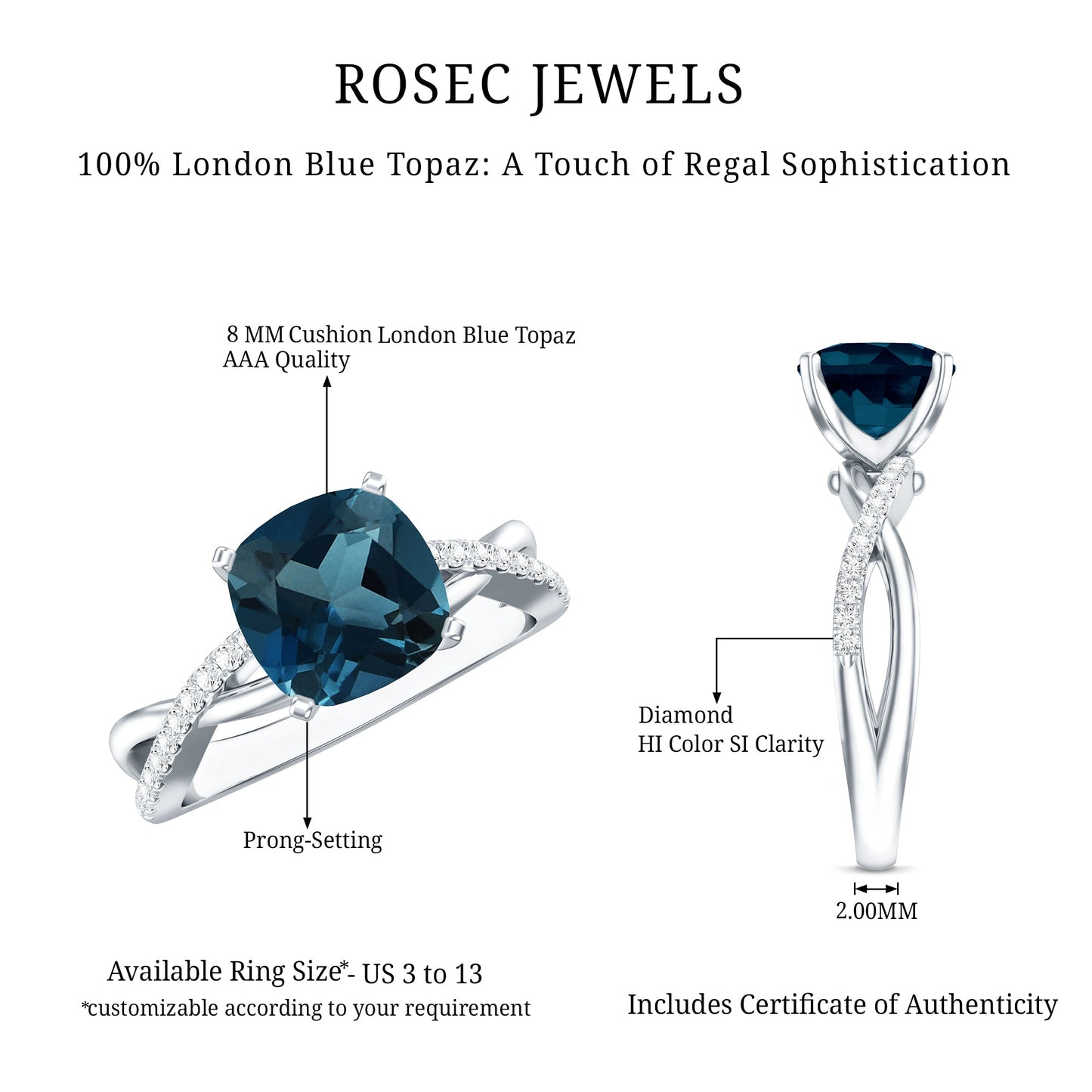 8mm Cushion Cut London Blue Topaz Solitaire Engagement Ring with Diamond Crossover Shank