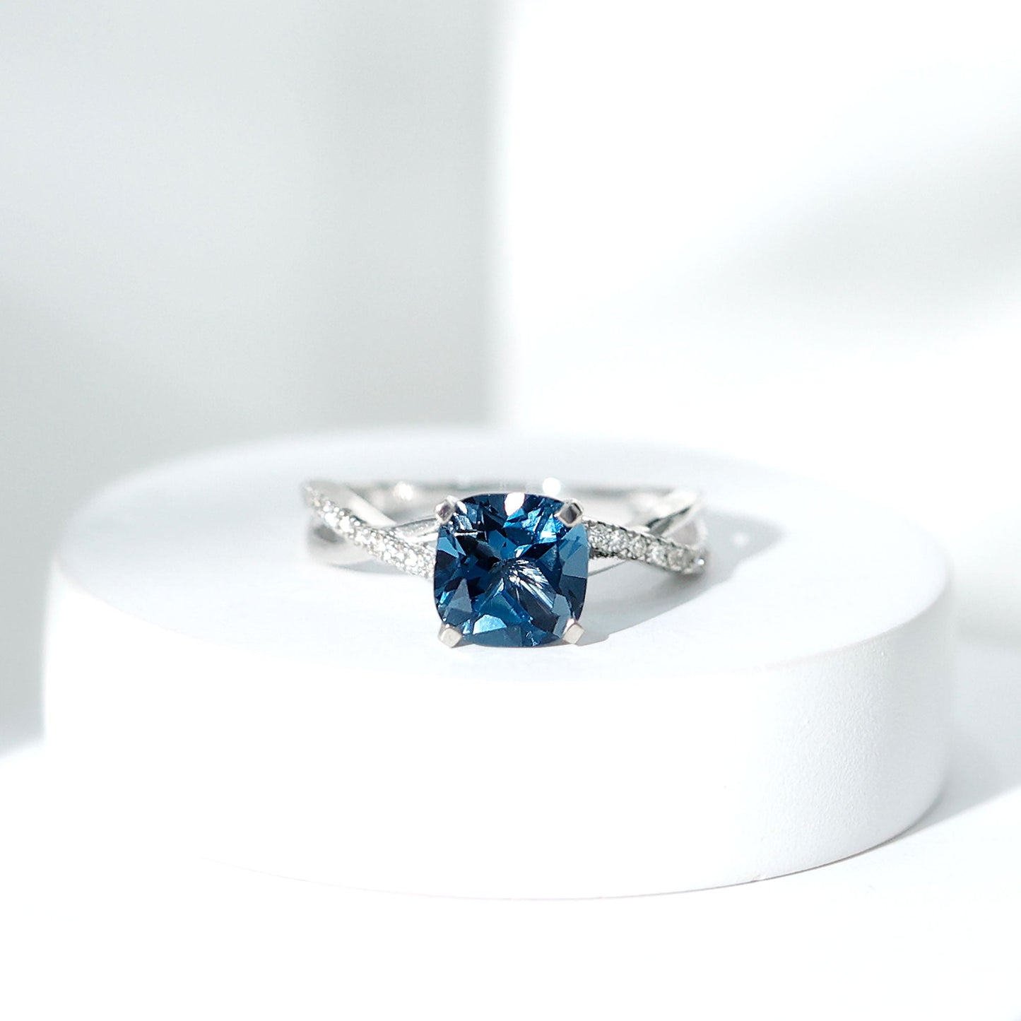 8mm Cushion Cut London Blue Topaz Solitaire Engagement Ring with Diamond Crossover Shank