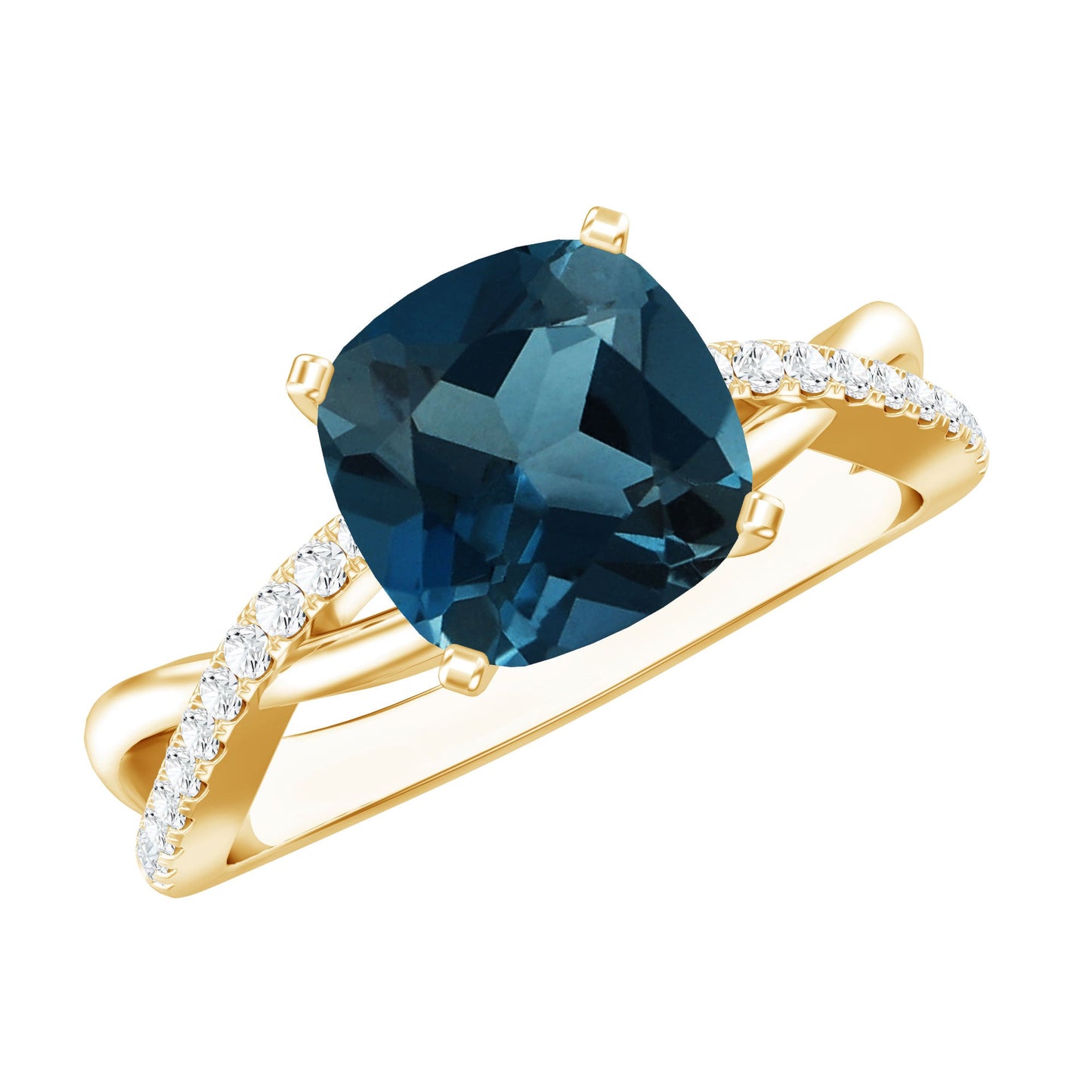 8mm Cushion Cut London Blue Topaz Solitaire Engagement Ring with Diamond Crossover Shank