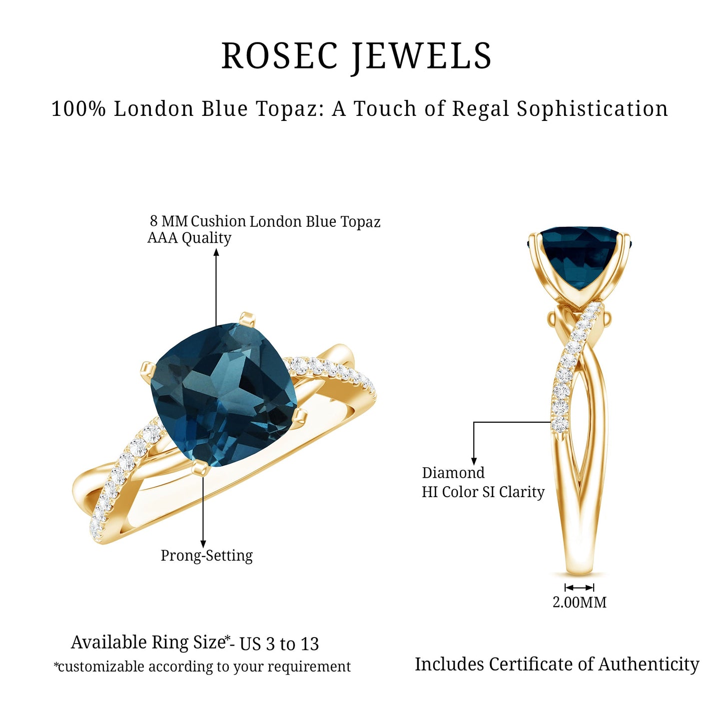 8mm Cushion Cut London Blue Topaz Solitaire Engagement Ring with Diamond Crossover Shank