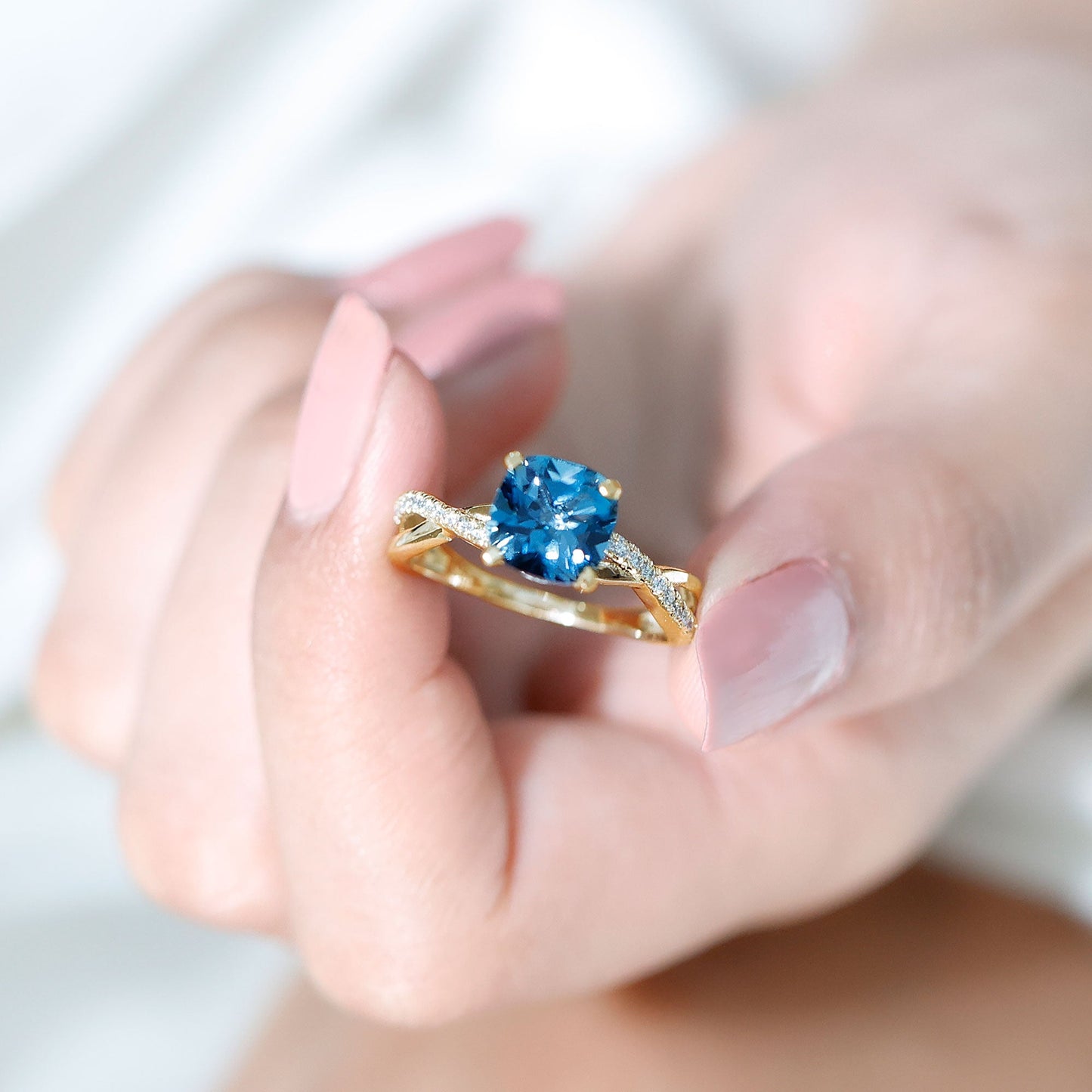 8mm Cushion Cut London Blue Topaz Solitaire Engagement Ring with Diamond Crossover Shank