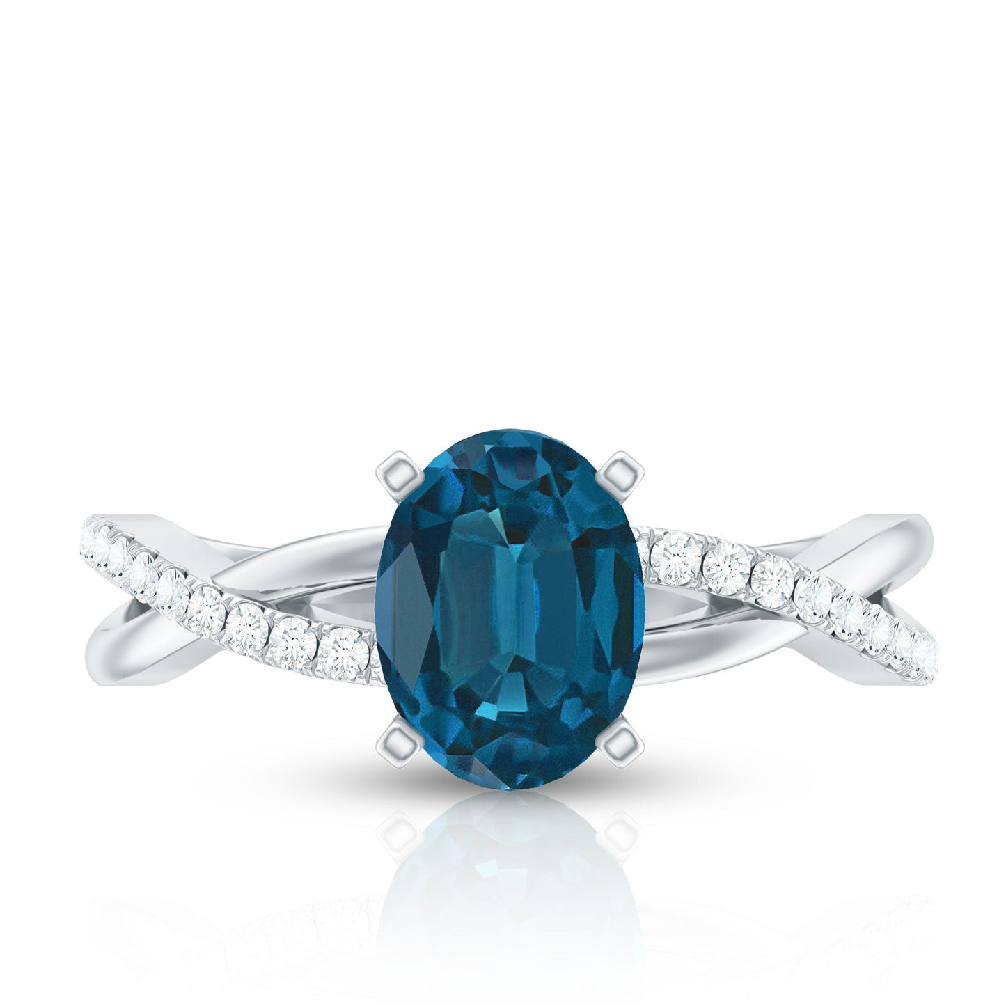 6X8mm Oval Cut London Blue Topaz Solitaire Engagement Ring with Diamond Spiral Shank