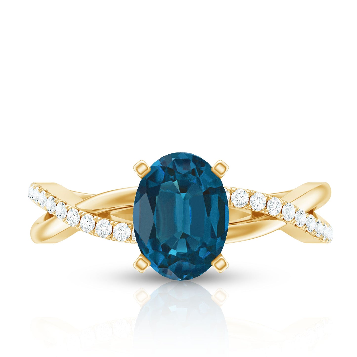 6X8mm Oval Cut London Blue Topaz Solitaire Engagement Ring with Diamond Spiral Shank