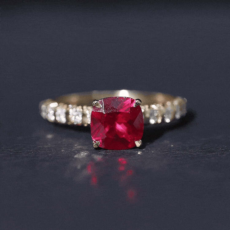 Cushion Cut Lab Grown Ruby Solitaire Ring with Diamond