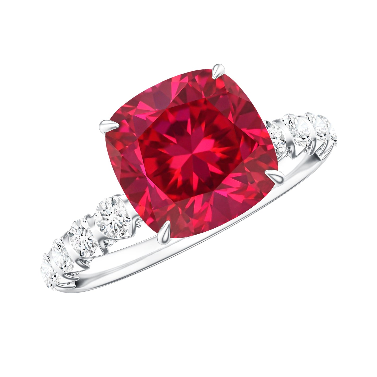 Cushion Cut Lab Grown Ruby Solitaire Ring with Diamond