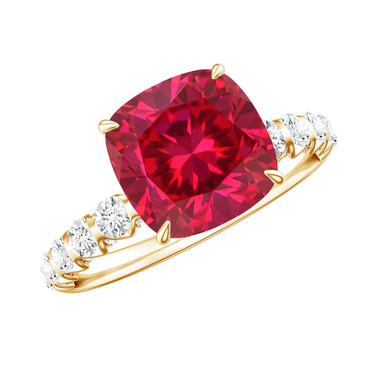 Cushion Cut Lab Grown Ruby Solitaire Ring with Diamond