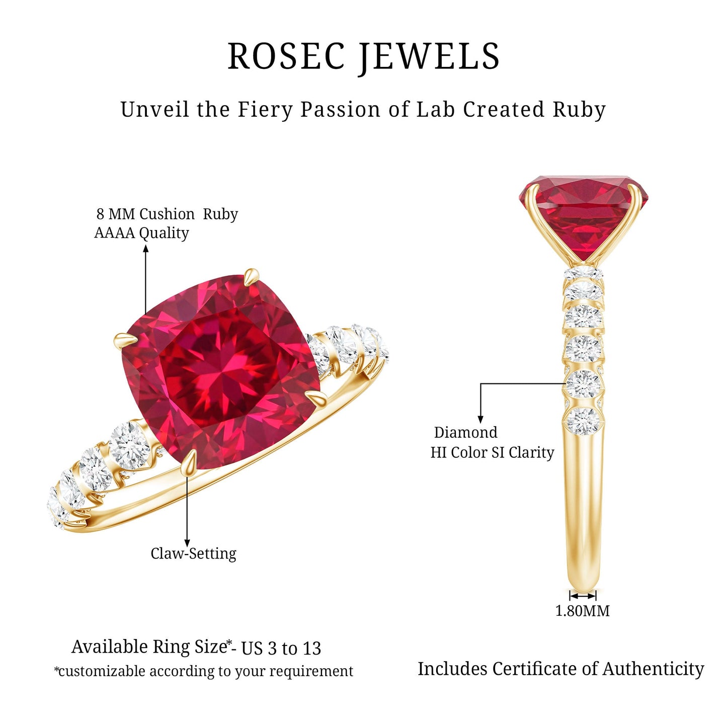 Cushion Cut Lab Grown Ruby Solitaire Ring with Diamond