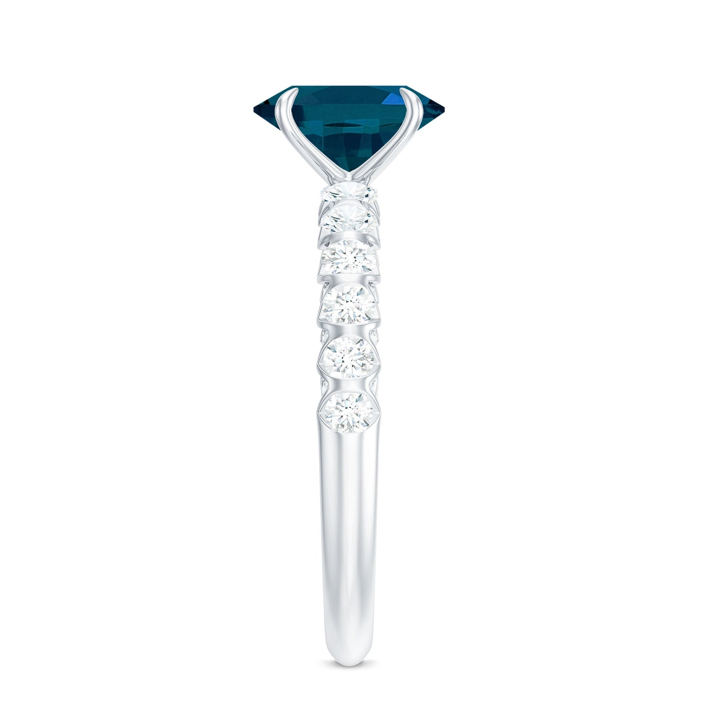 6X8mm Oval Cut London Blue Topaz Solitaire Engagement Ring with Diamond Side Stones