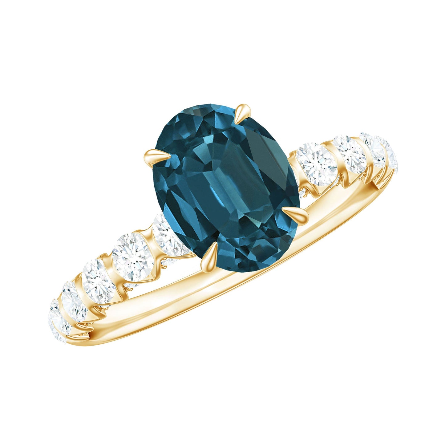 6X8mm Oval Cut London Blue Topaz Solitaire Engagement Ring with Diamond Side Stones