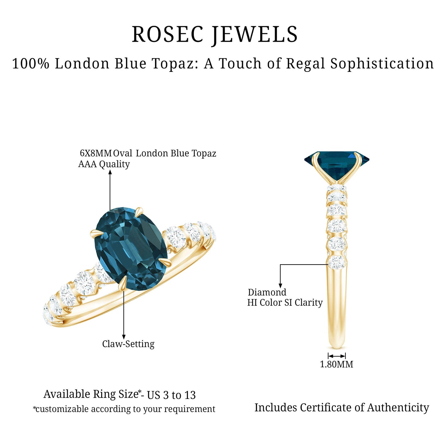 6X8mm Oval Cut London Blue Topaz Solitaire Engagement Ring with Diamond Side Stones