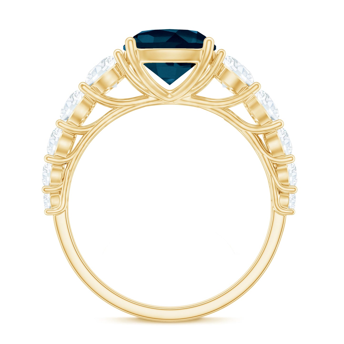 8mm Cushion Cut London Blue Topaz Solitaire Engagement Ring with Moissanite Side Stones