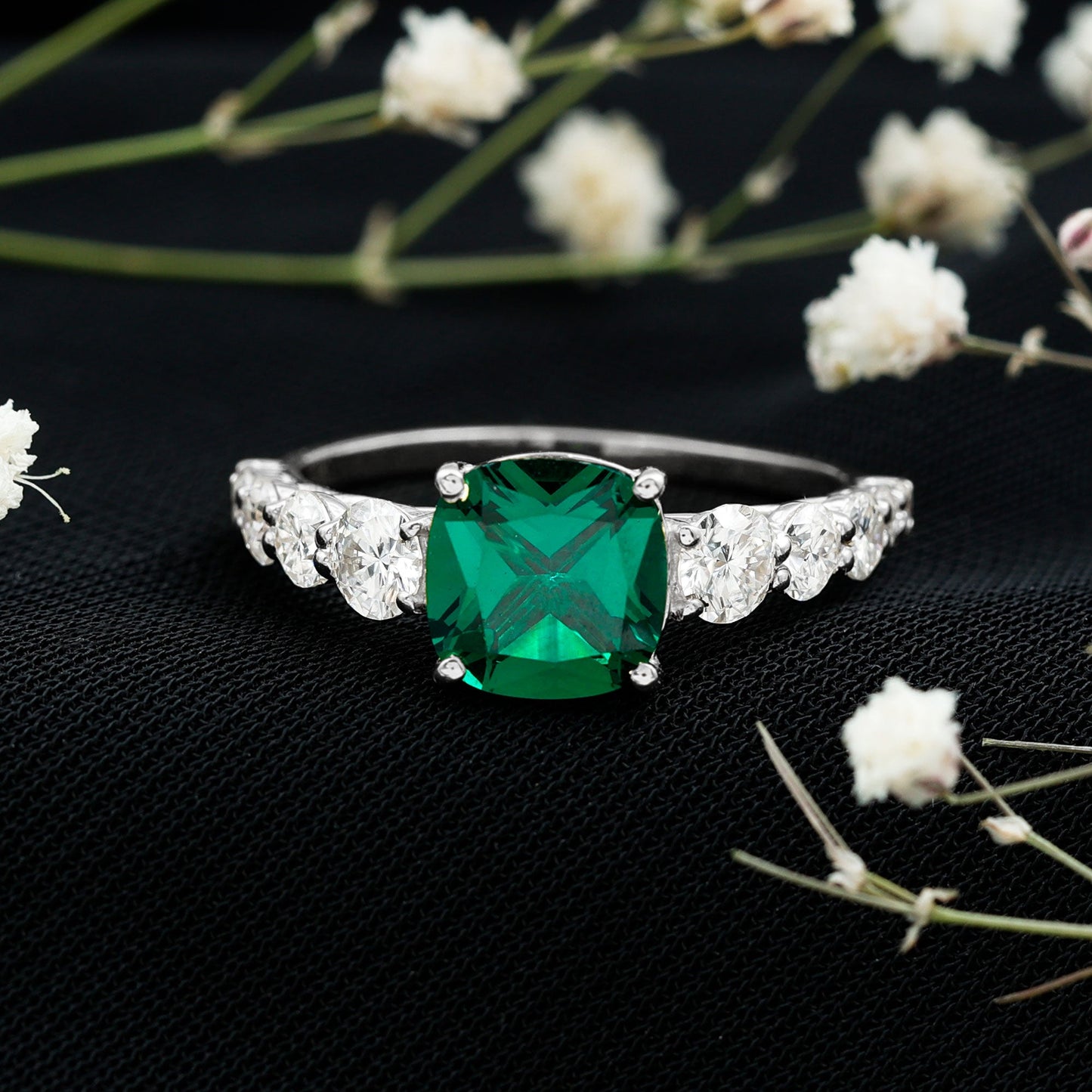 Lab Grown Emerald 8 MM Cushion Engagement Ring with Moissanite Side Stones