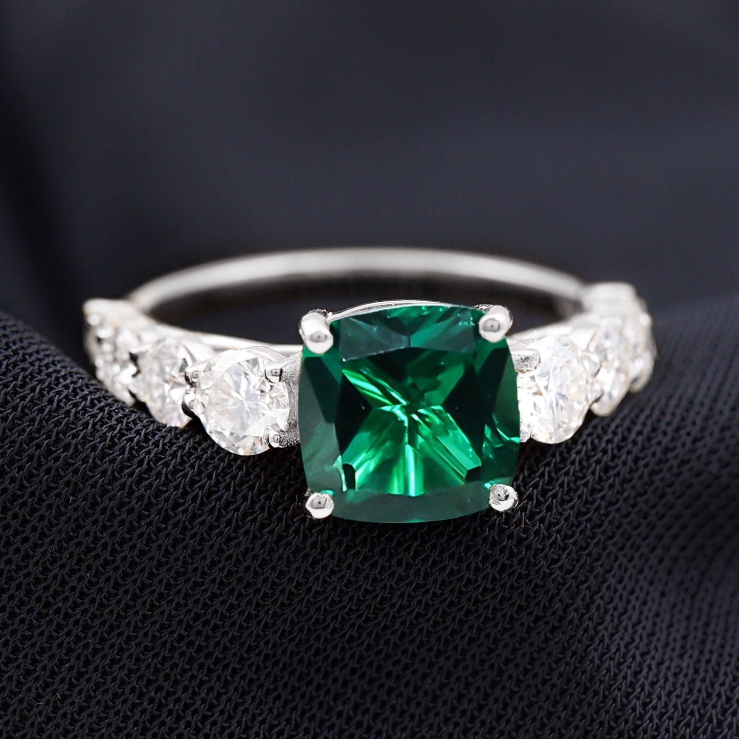 Lab Grown Emerald 8 MM Cushion Engagement Ring with Moissanite Side Stones