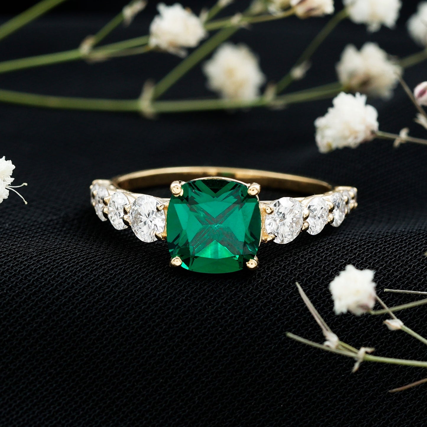 Lab Grown Emerald 8 MM Cushion Engagement Ring with Moissanite Side Stones