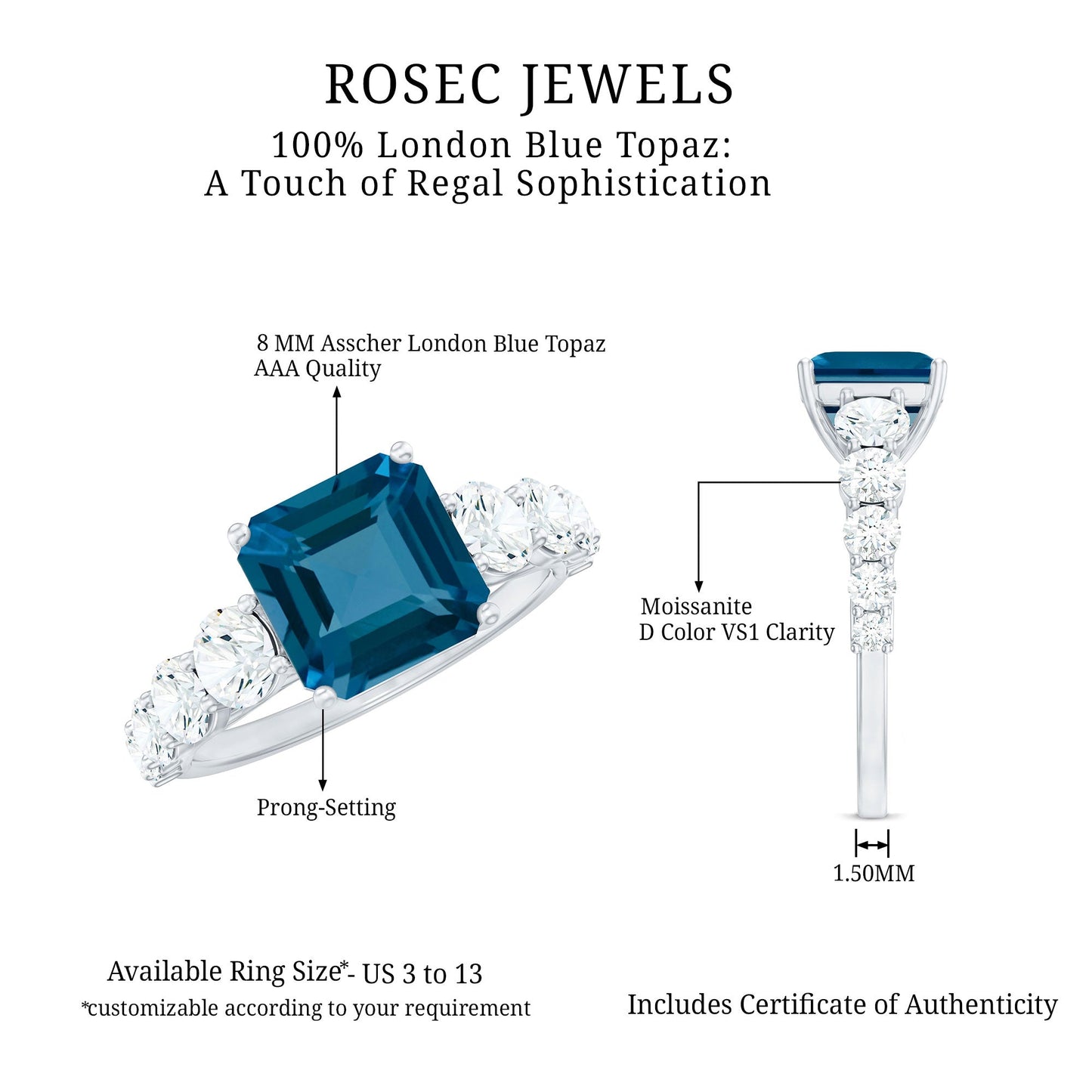 8mm Asscher Cut London Blue Topaz Solitaire Engagement Ring with Moissanite