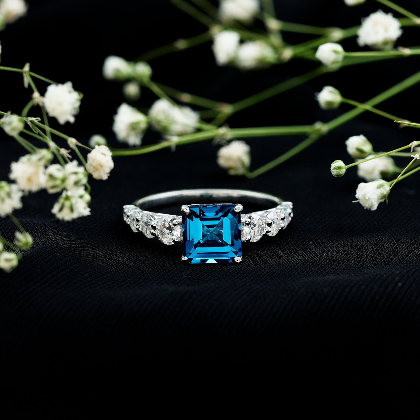 8mm Asscher Cut London Blue Topaz Solitaire Engagement Ring with Moissanite