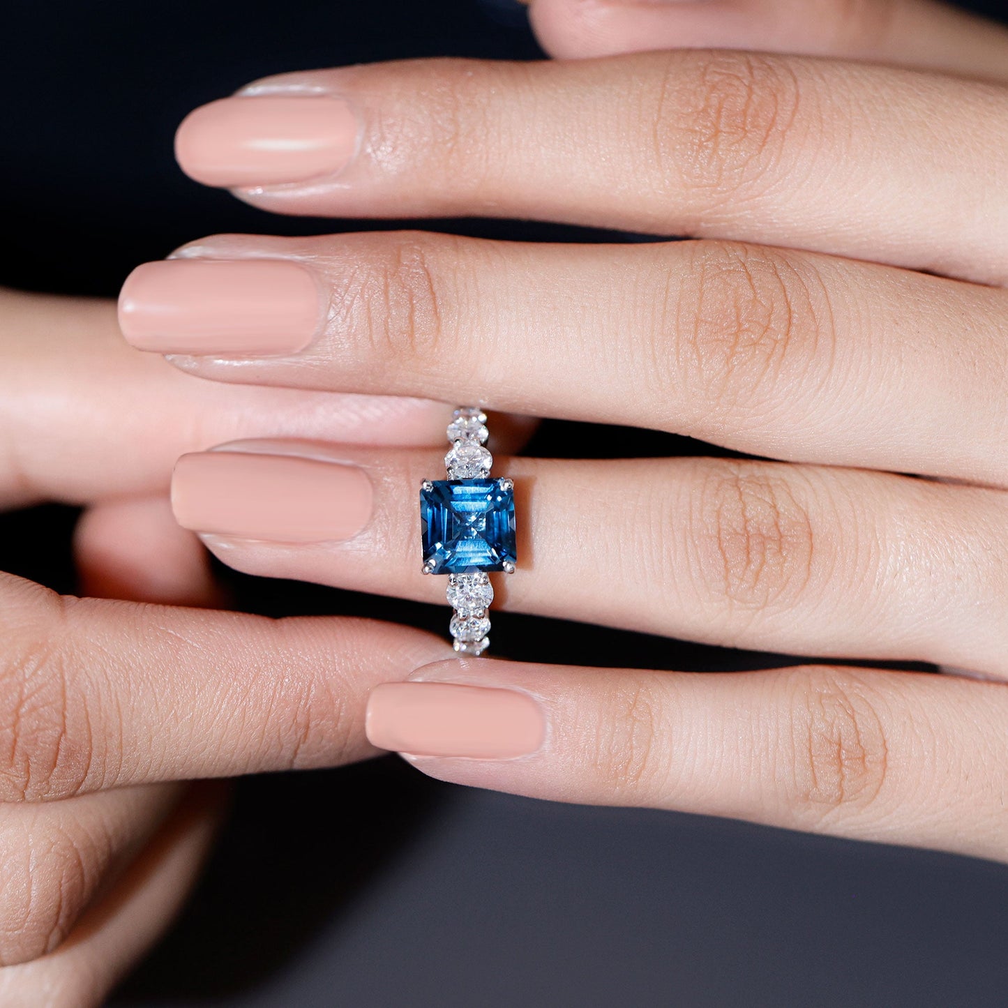 8mm Asscher Cut London Blue Topaz Solitaire Engagement Ring with Moissanite