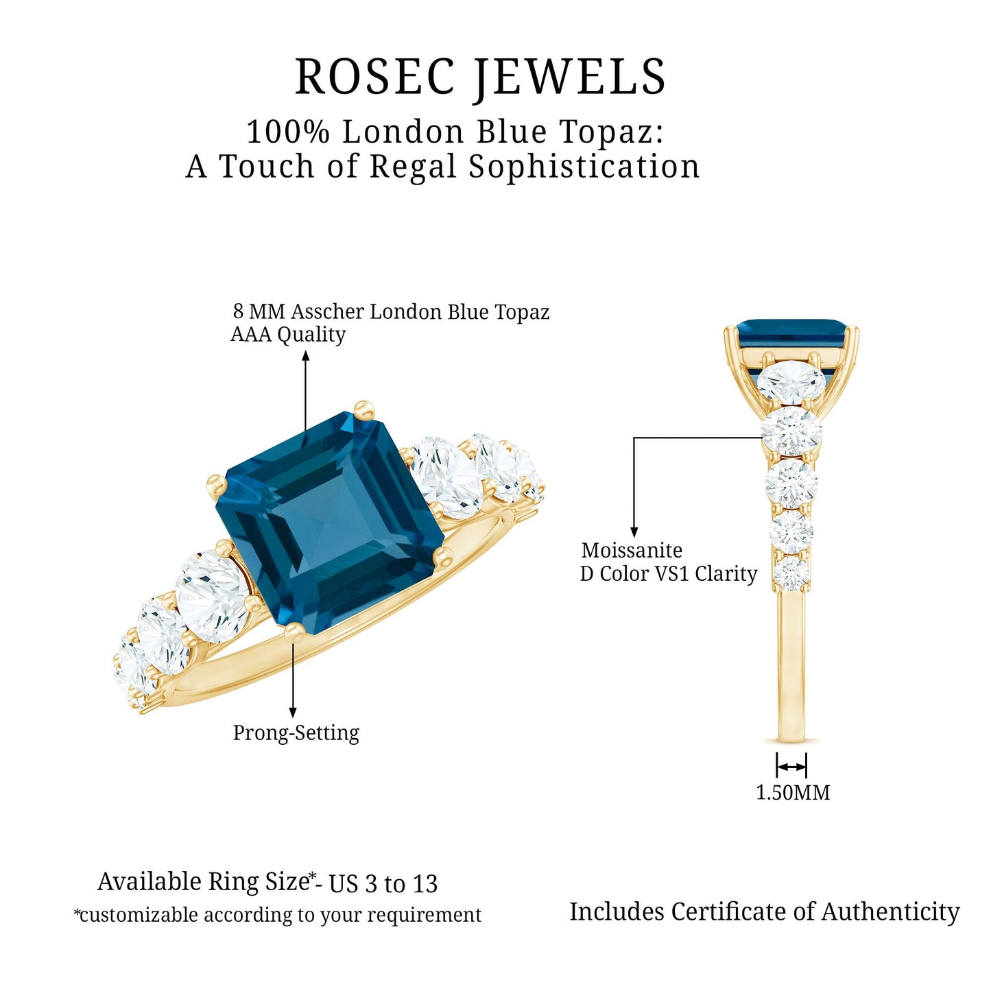 8mm Asscher Cut London Blue Topaz Solitaire Engagement Ring with Moissanite