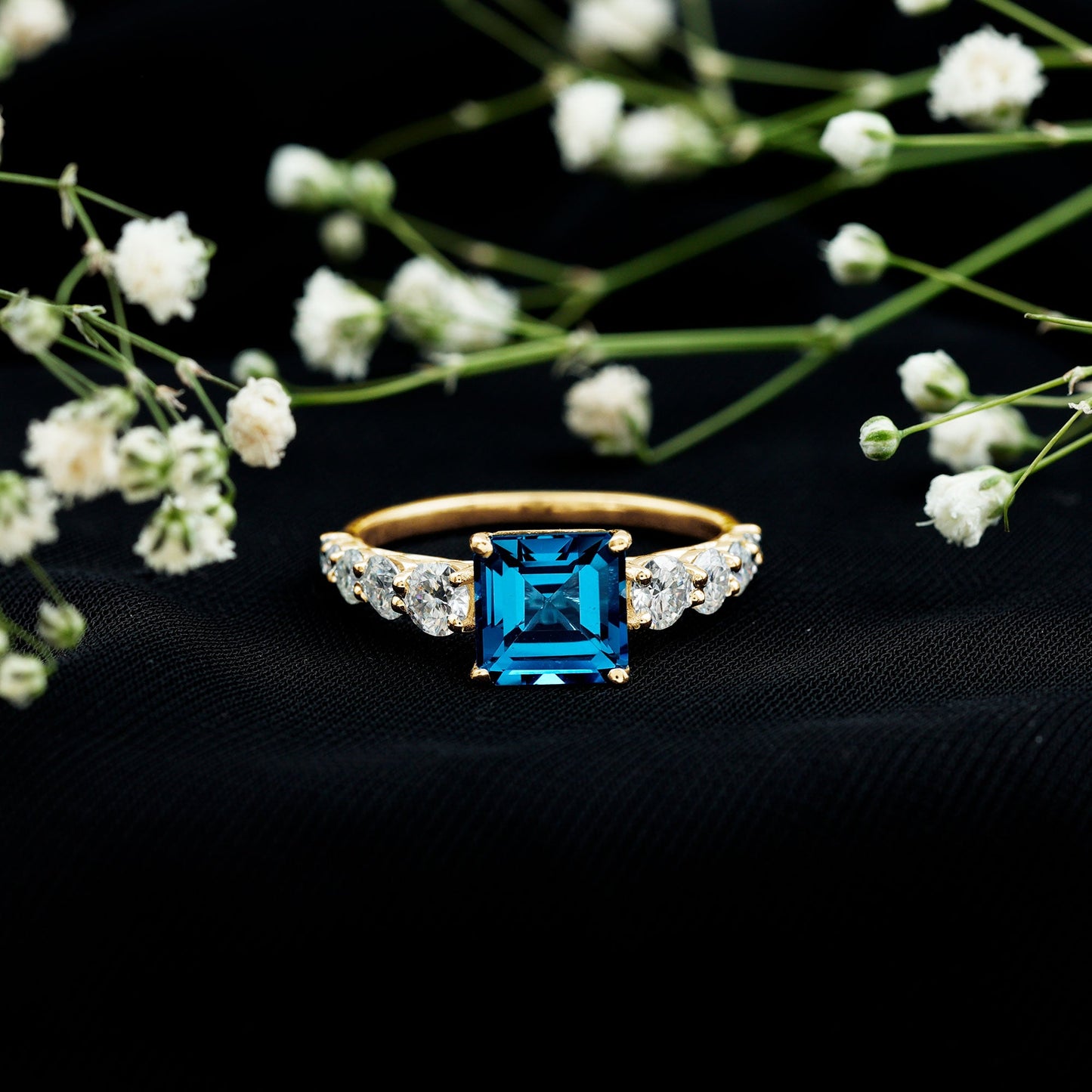 8mm Asscher Cut London Blue Topaz Solitaire Engagement Ring with Moissanite