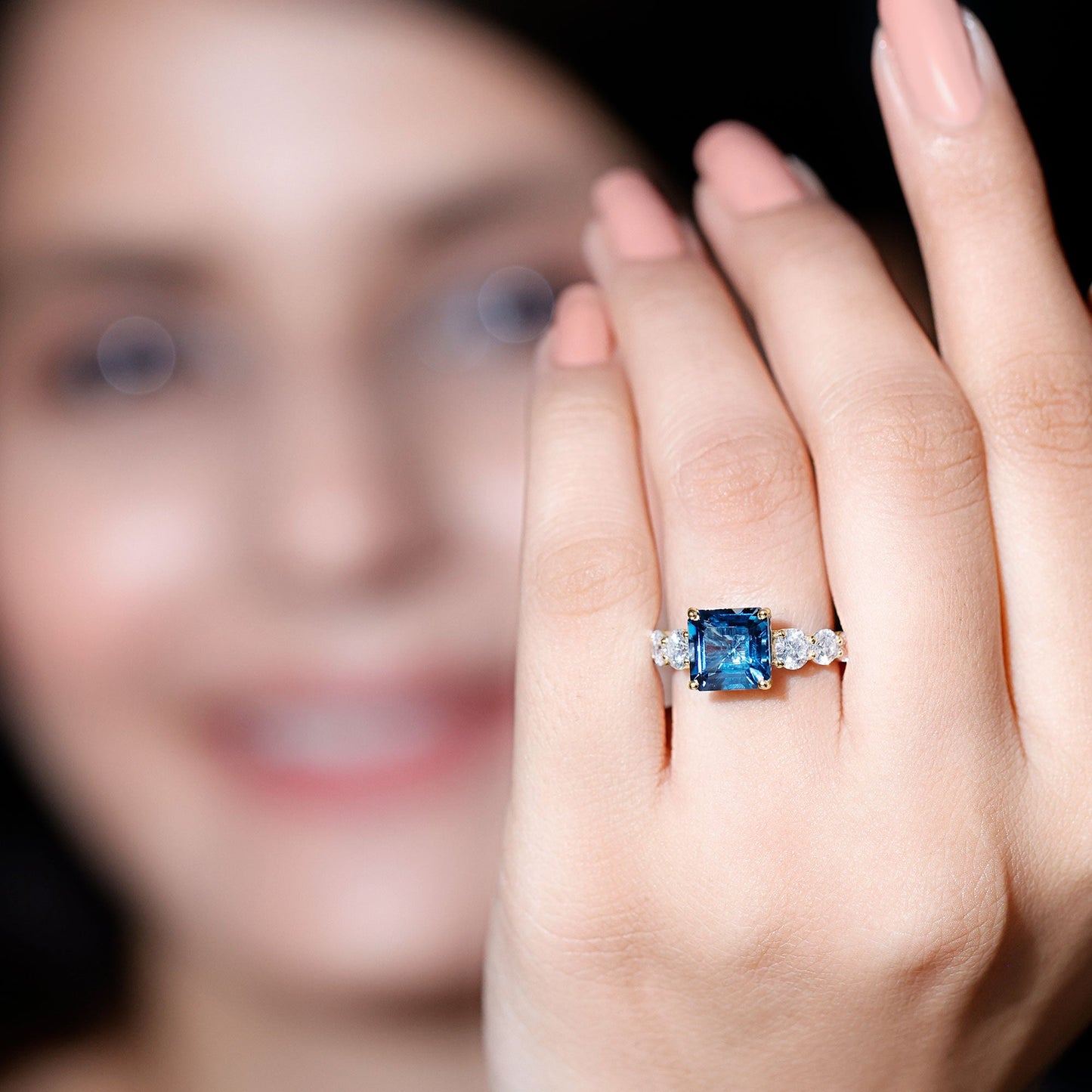 8mm Asscher Cut London Blue Topaz Solitaire Engagement Ring with Moissanite