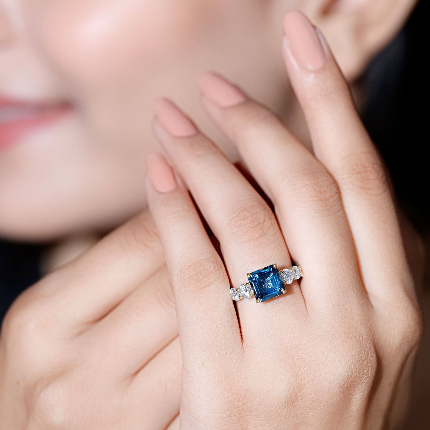 8mm Asscher Cut London Blue Topaz Solitaire Engagement Ring with Moissanite