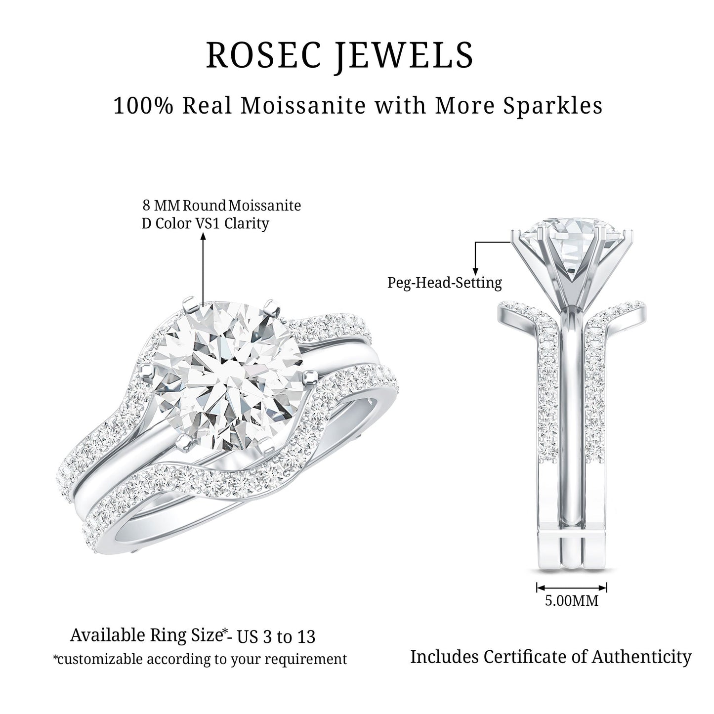 Certified 8 MM Solitaire Moissanite Engagement Ring with 2 Enhancers