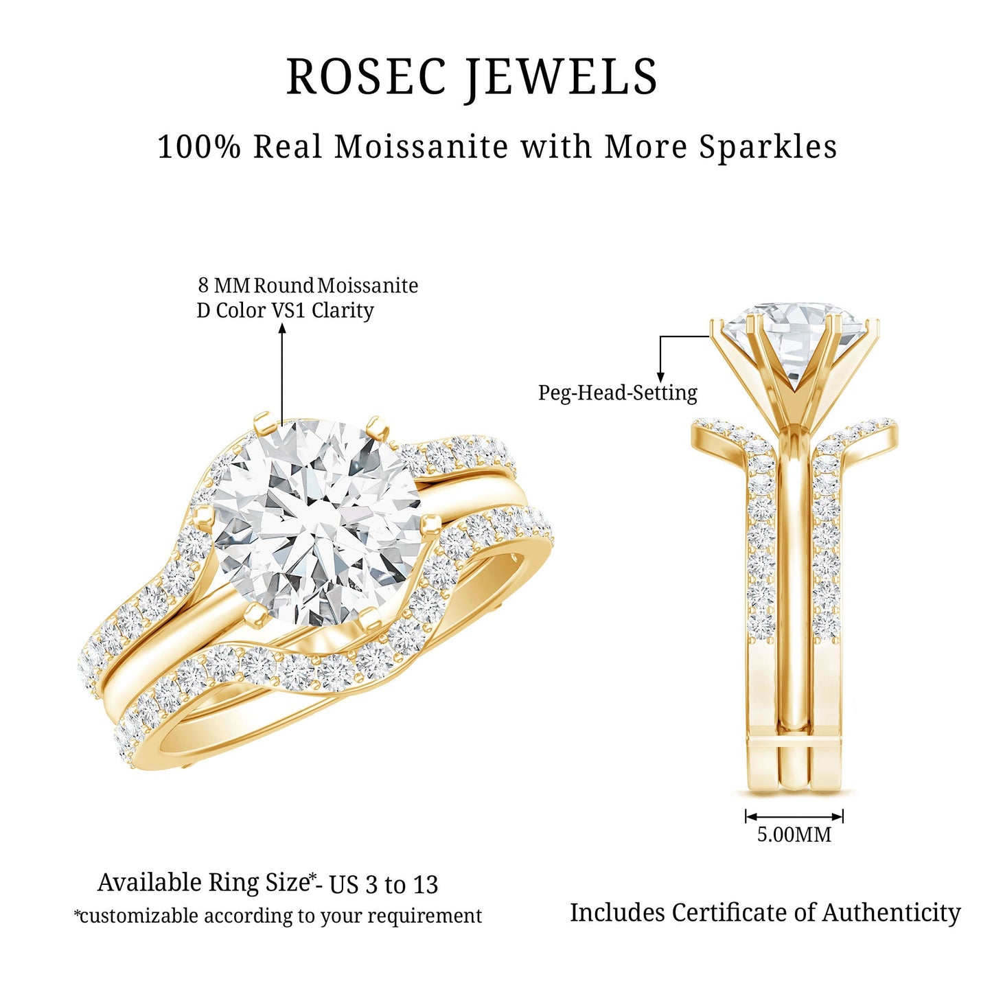 Certified 8 MM Solitaire Moissanite Engagement Ring with 2 Enhancers