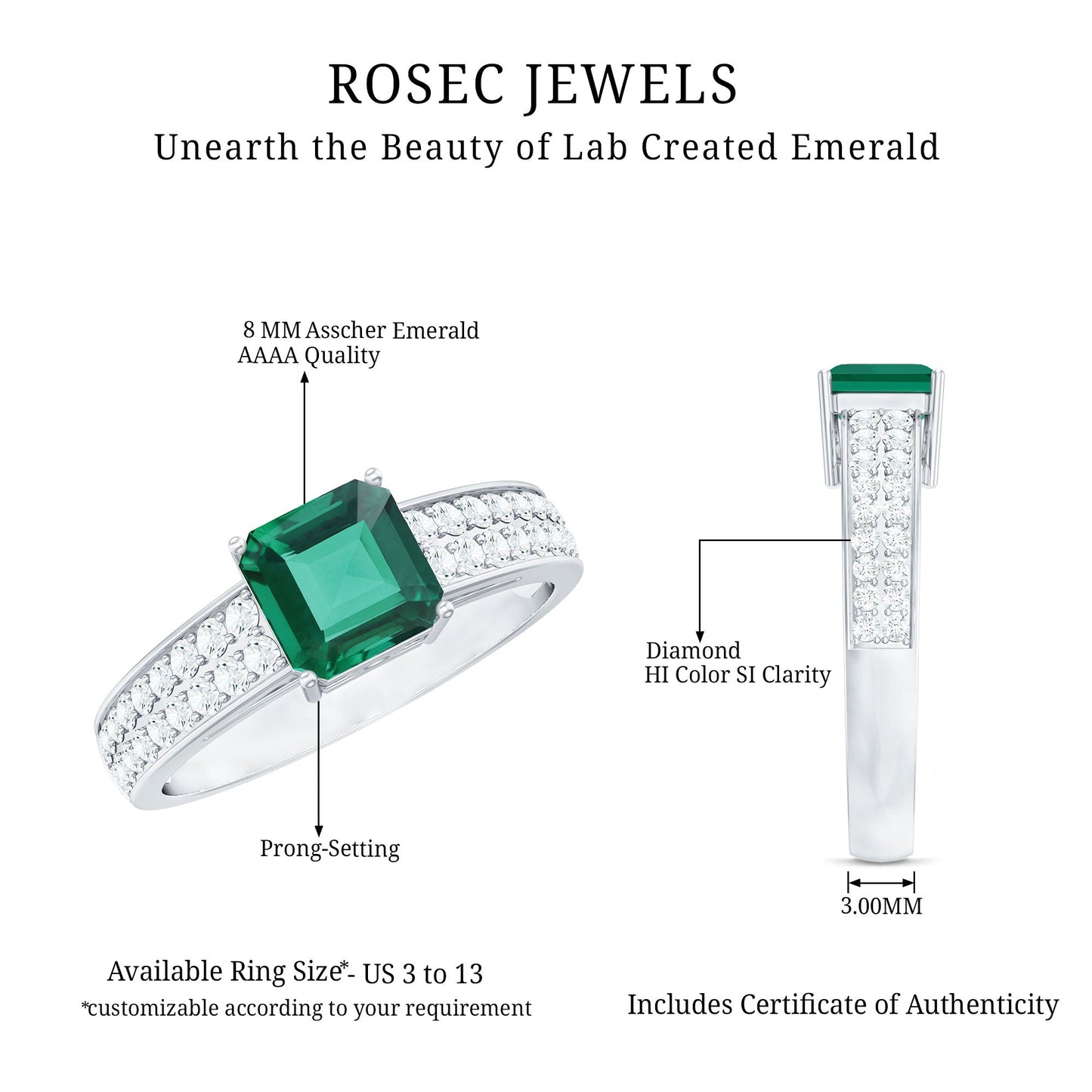 6 mm Princess Cut Lab Created Emerald Engagement Ring with Diamond Side Stones