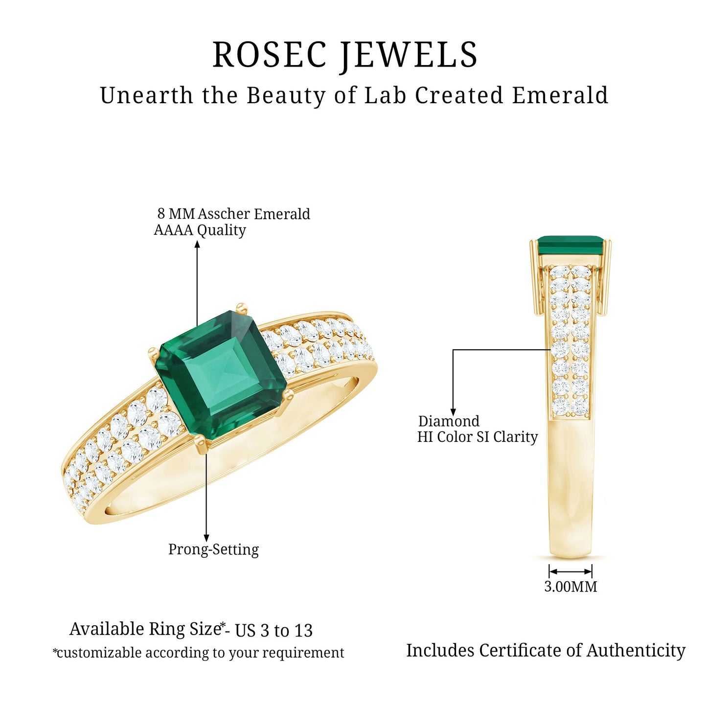 6 mm Princess Cut Lab Created Emerald Engagement Ring with Diamond Side Stones