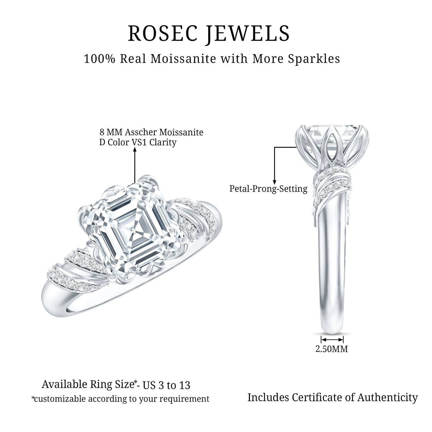 8 MM Asscher Cut Moissanite Solitaire Engagement Ring in Petal Prong Setting