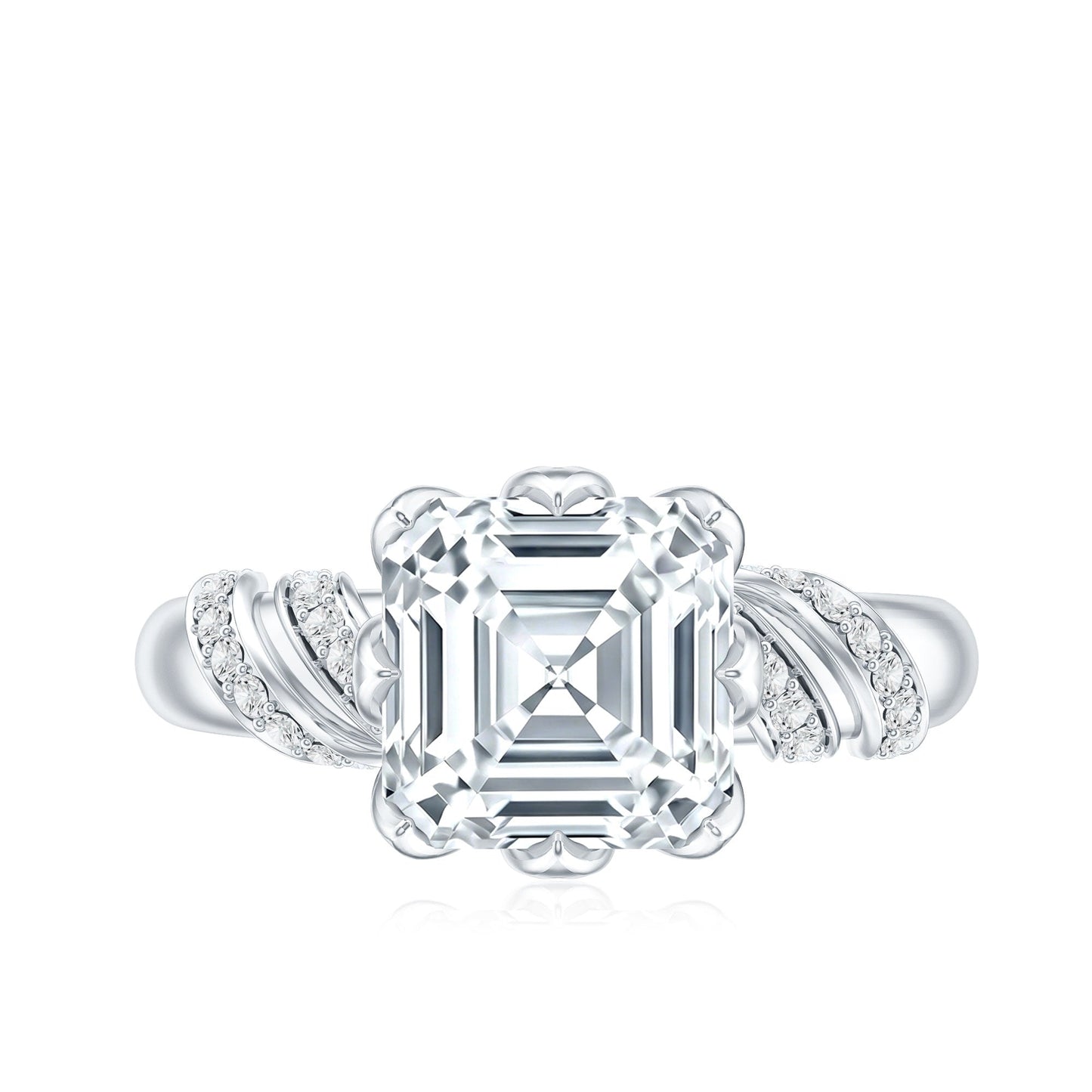 8 MM Asscher Cut Moissanite Solitaire Engagement Ring in Petal Prong Setting