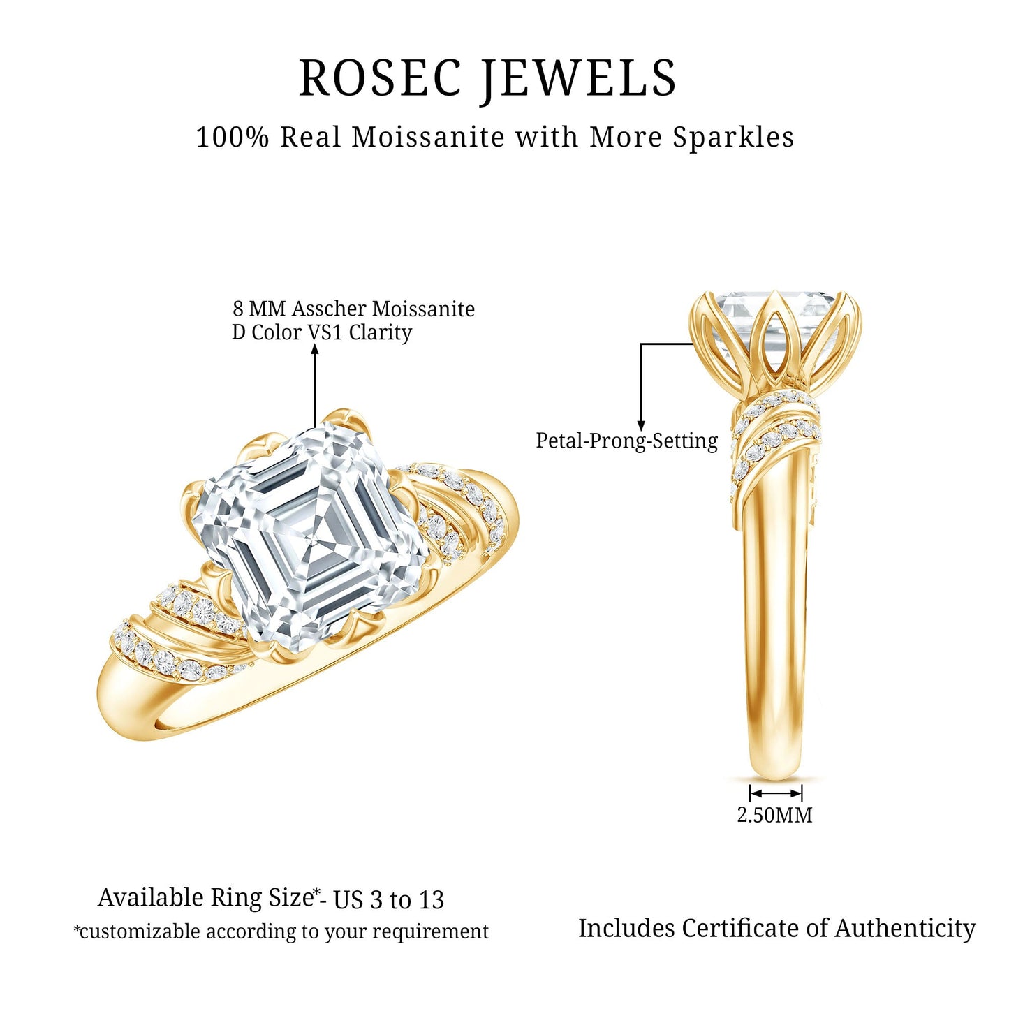 8 MM Asscher Cut Moissanite Solitaire Engagement Ring in Petal Prong Setting