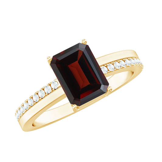 Natural 6X8mm Garnet Emerald Cut Engagement Ring with Diamond