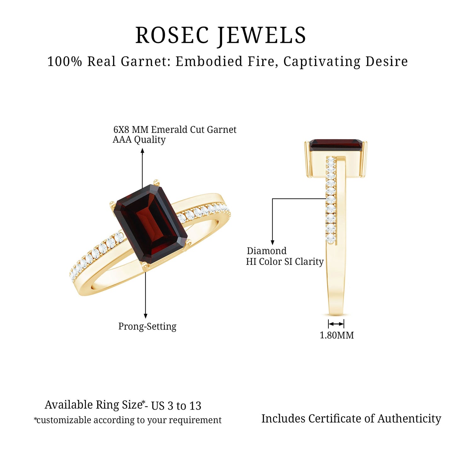 Natural 6X8mm Garnet Emerald Cut Engagement Ring with Diamond