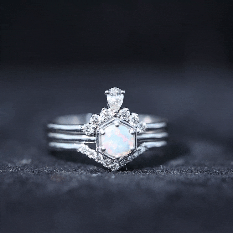 Vintage Inspired Opalescent Diamond Wedding Engagement Ring Set of 3