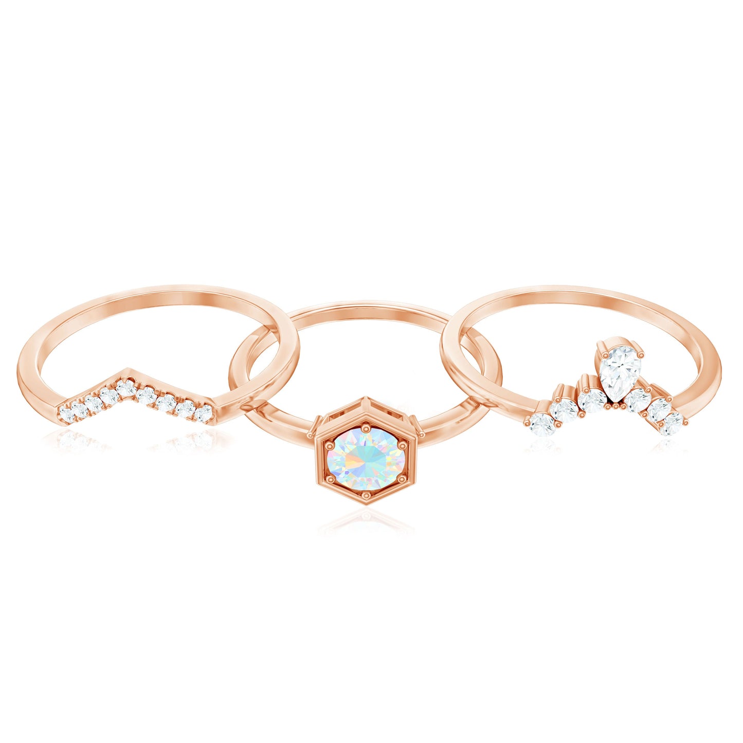 Vintage Inspired Opalescent Diamond Wedding Engagement Ring Set of 3