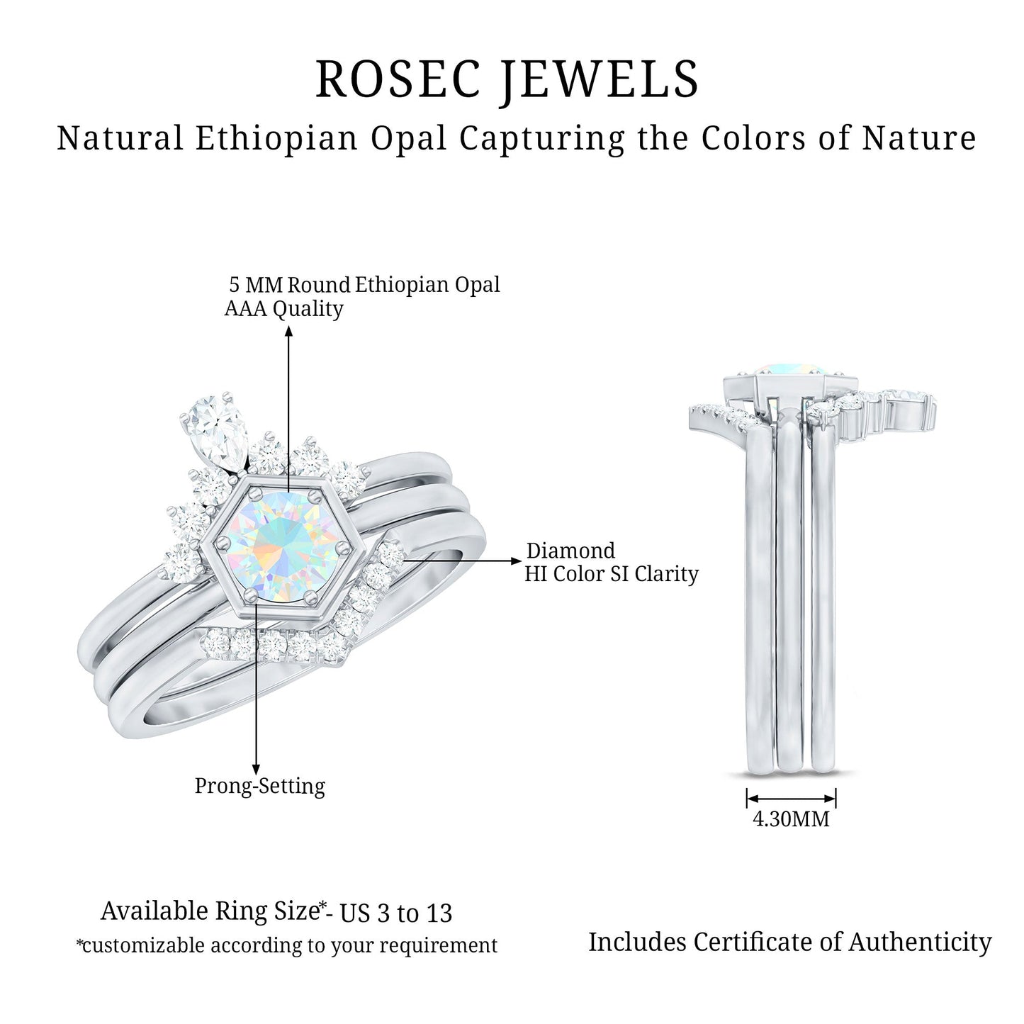 Vintage Inspired Opalescent Diamond Wedding Engagement Ring Set of 3