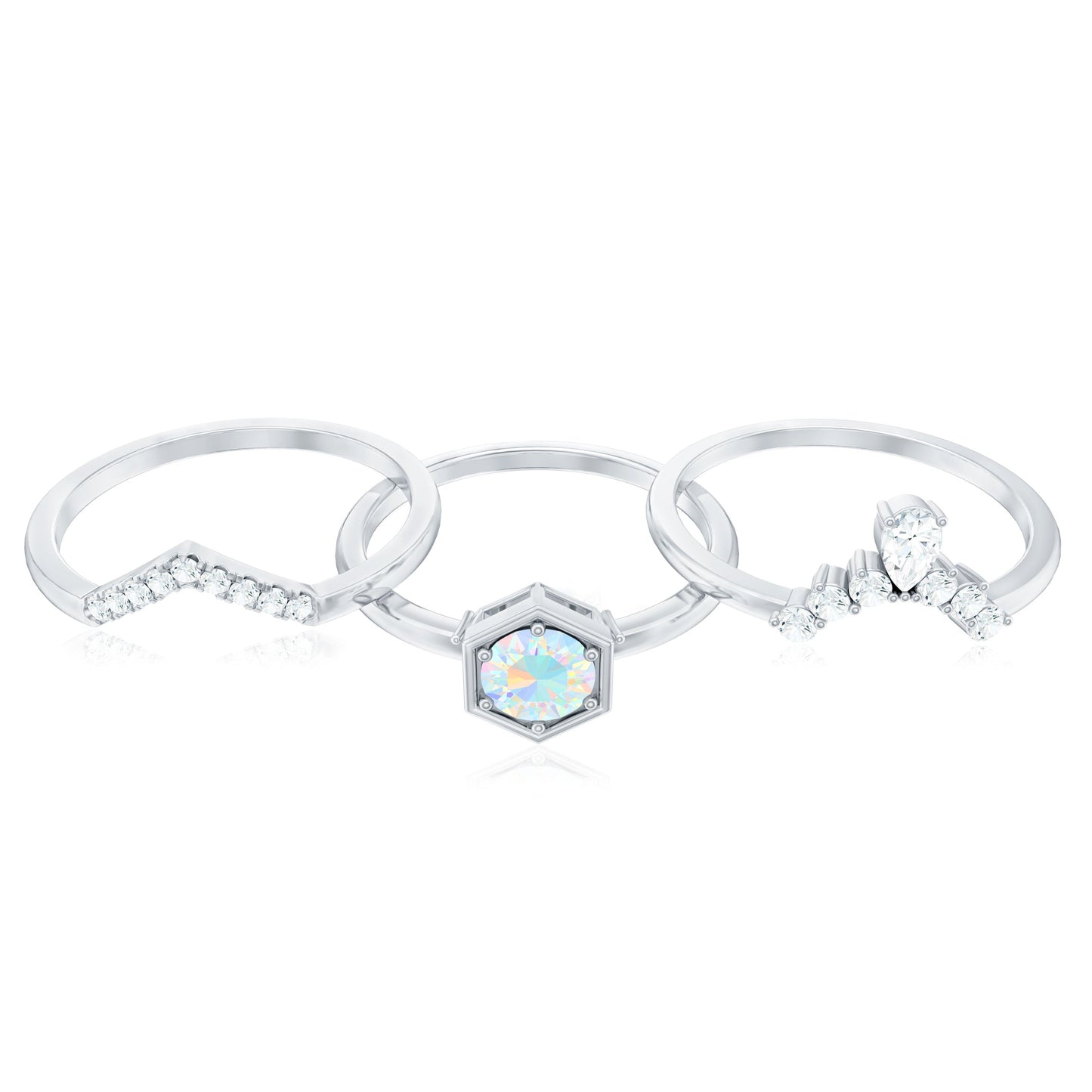 Vintage Inspired Opalescent Diamond Wedding Engagement Ring Set of 3