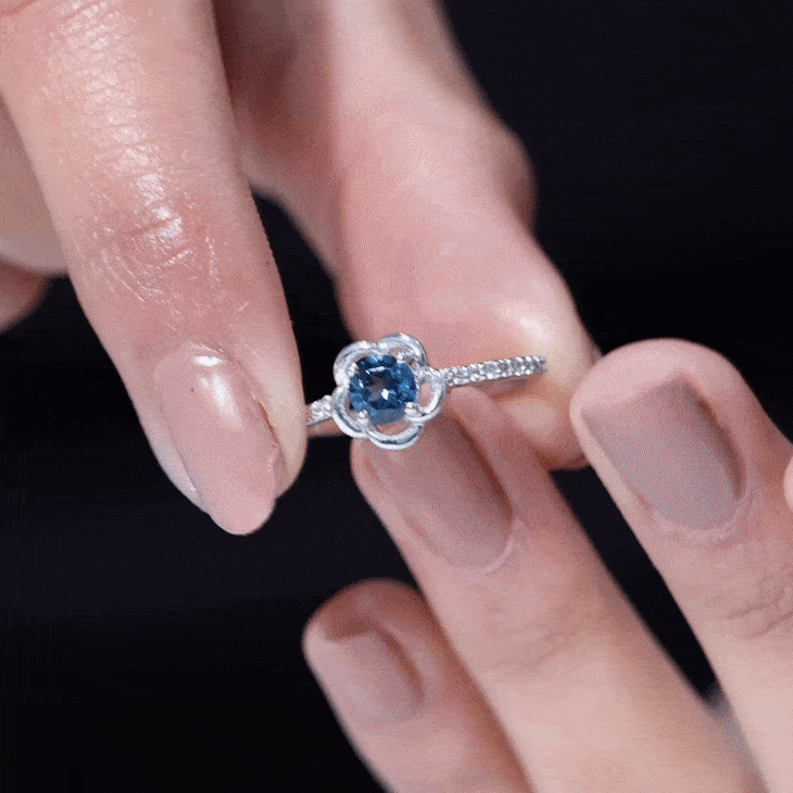 5mm Round London Blue Topaz Flower Promise Ring with Diamond