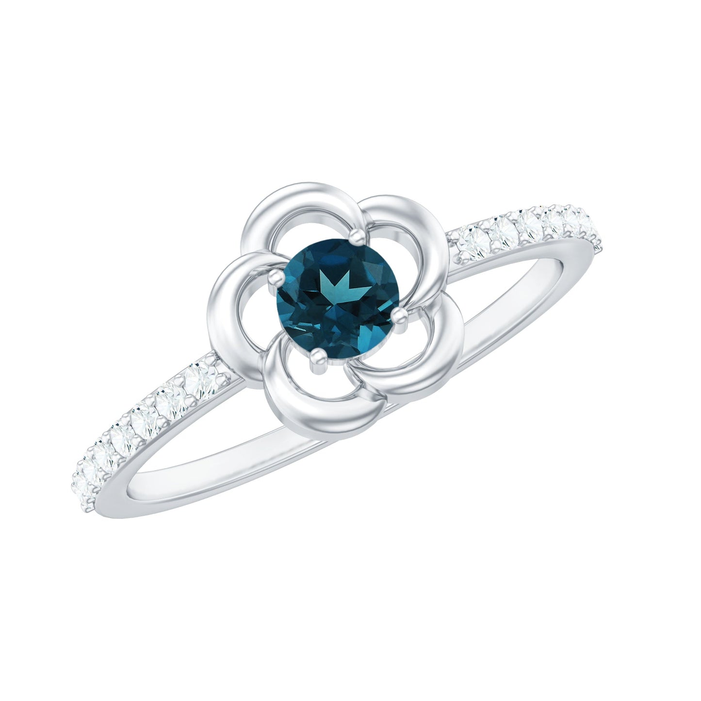 5mm Round London Blue Topaz Flower Promise Ring with Diamond