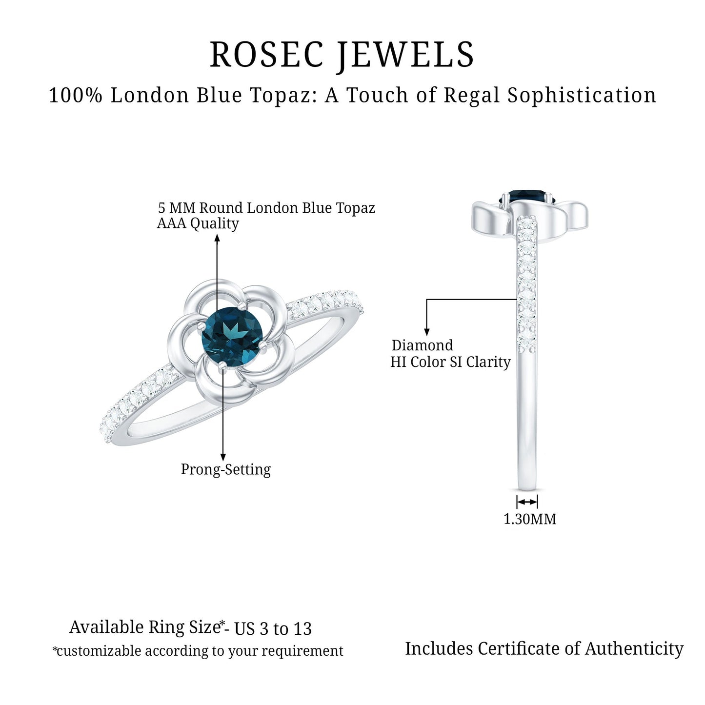 5mm Round London Blue Topaz Flower Promise Ring with Diamond