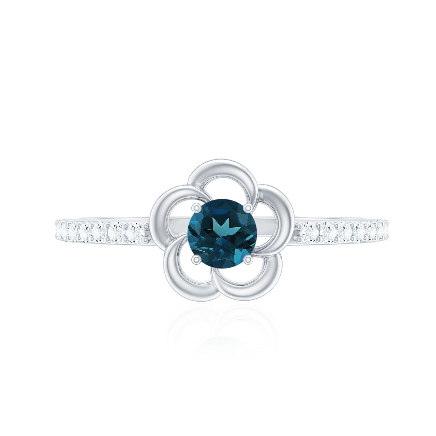 5mm Round London Blue Topaz Flower Promise Ring with Diamond