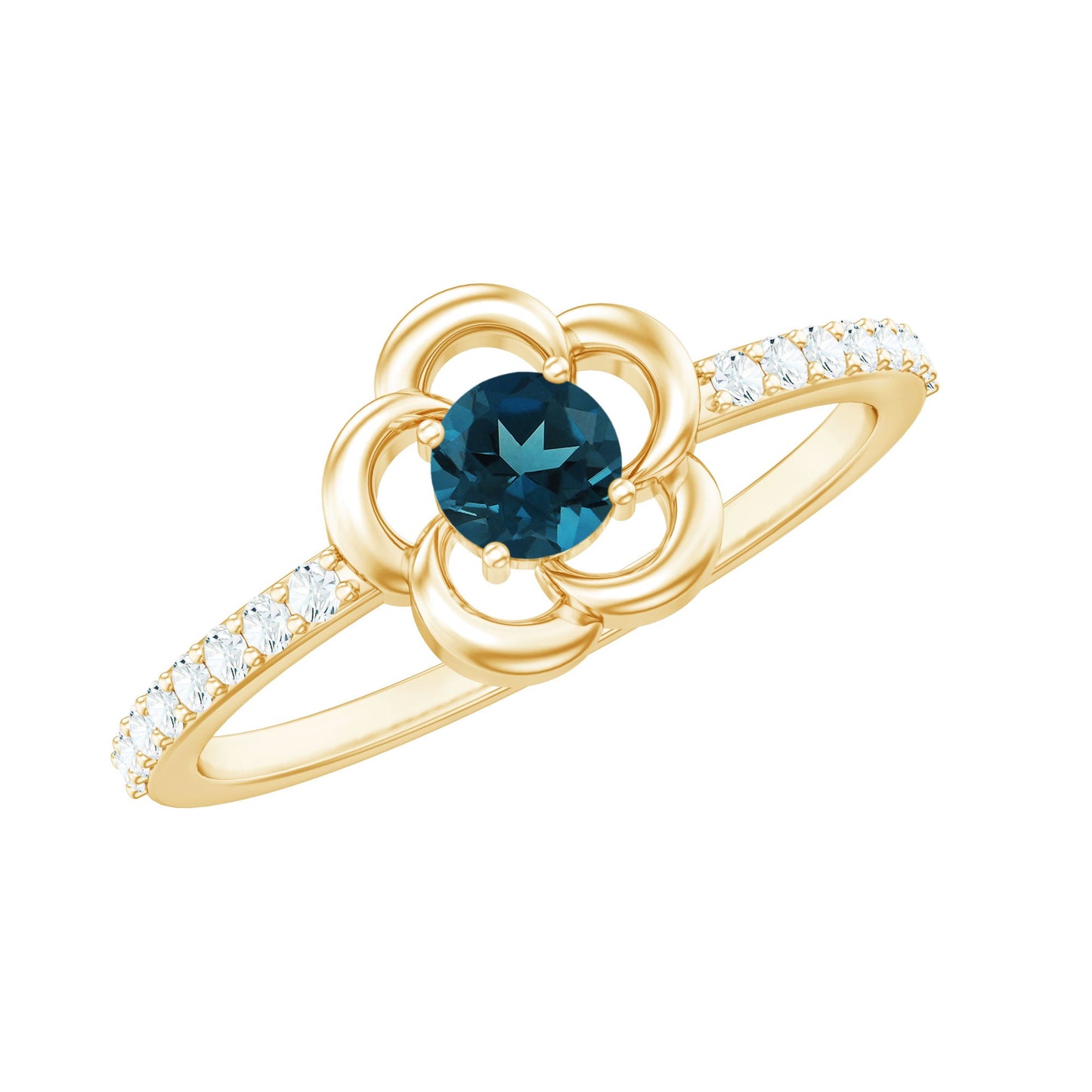 5mm Round London Blue Topaz Flower Promise Ring with Diamond