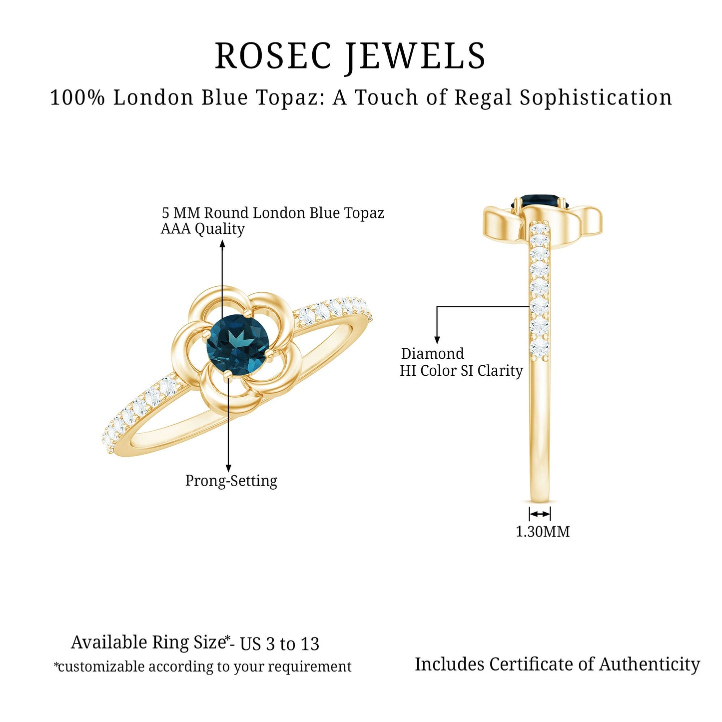 5mm Round London Blue Topaz Flower Promise Ring with Diamond
