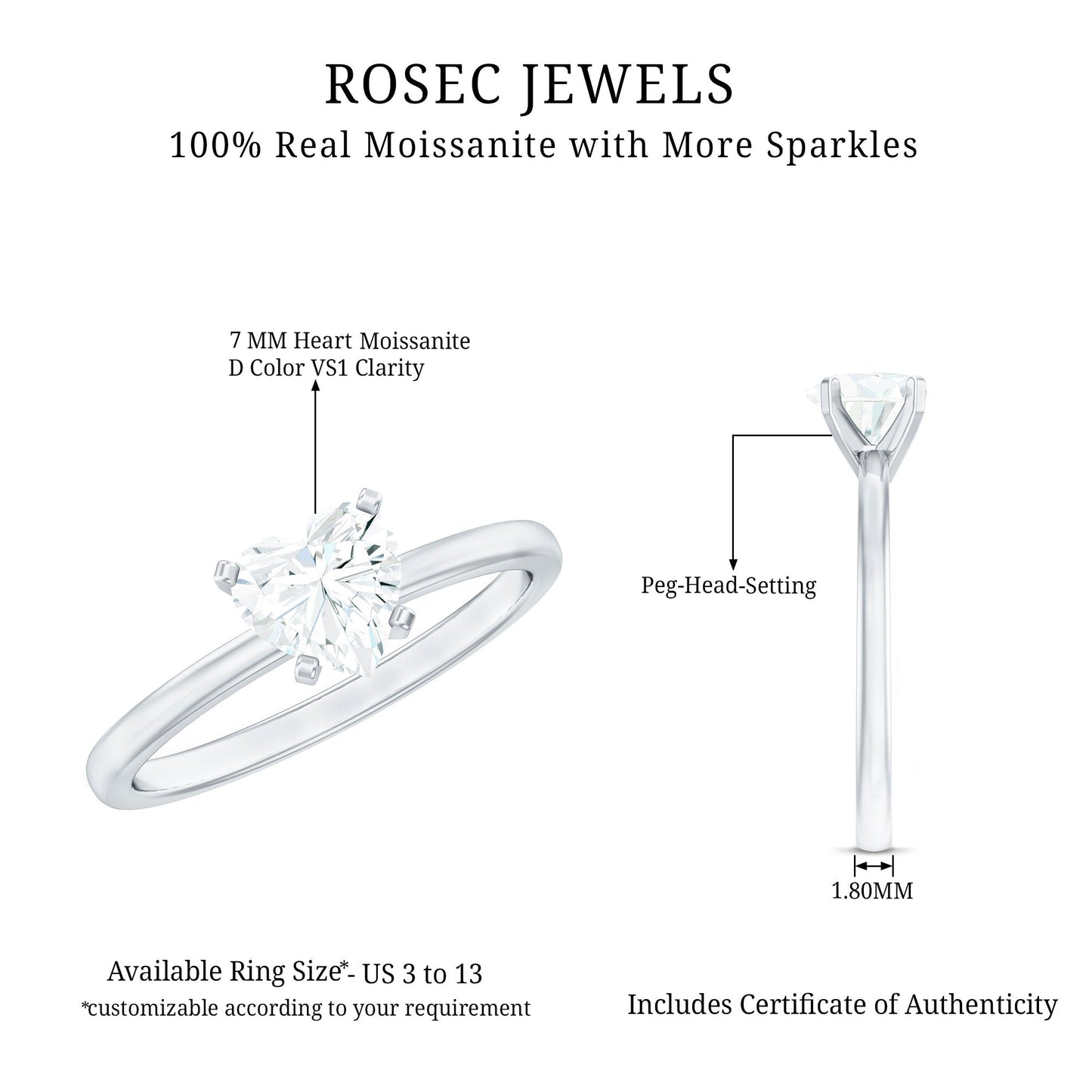 1 CT Heart Shape Certified Moissanite Engagement Ring