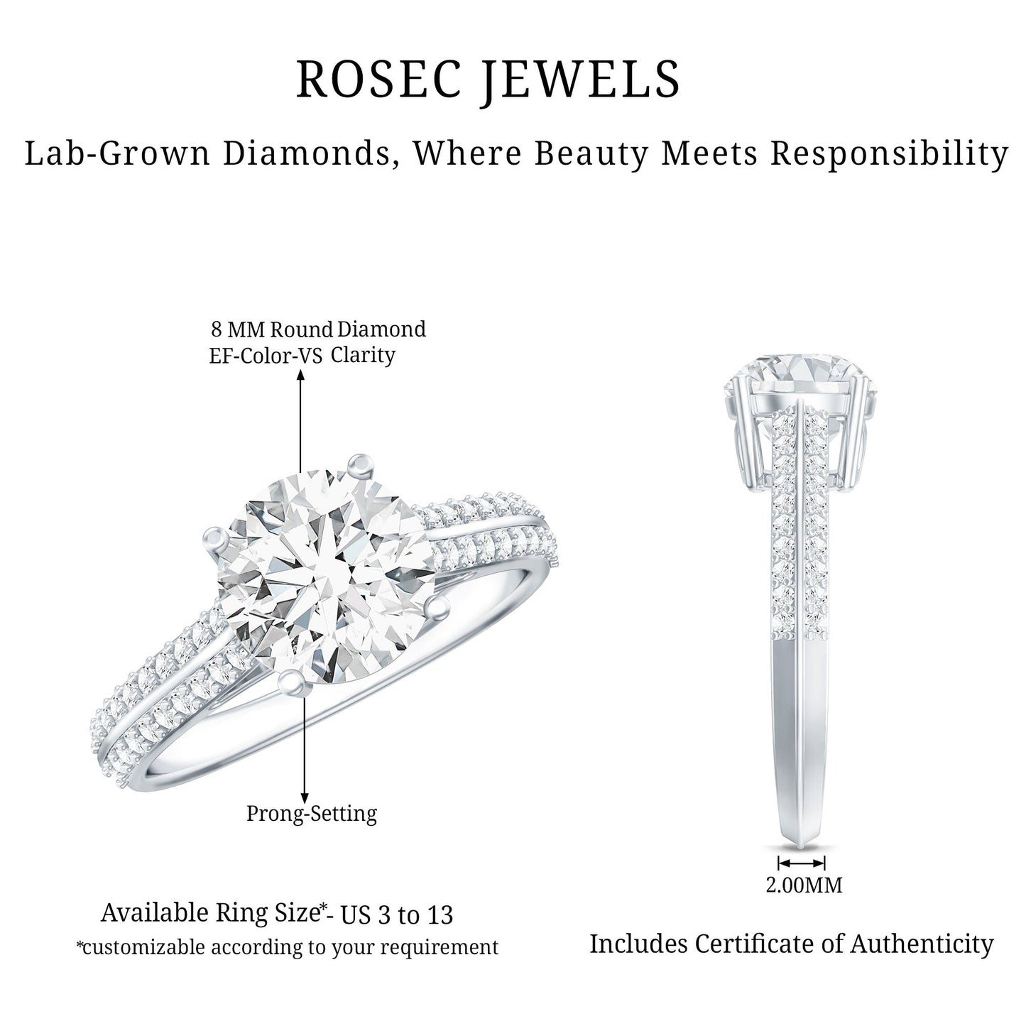 Certified Lab Grown Diamond 8 MM Simple Engagement Ring With Side Stones
