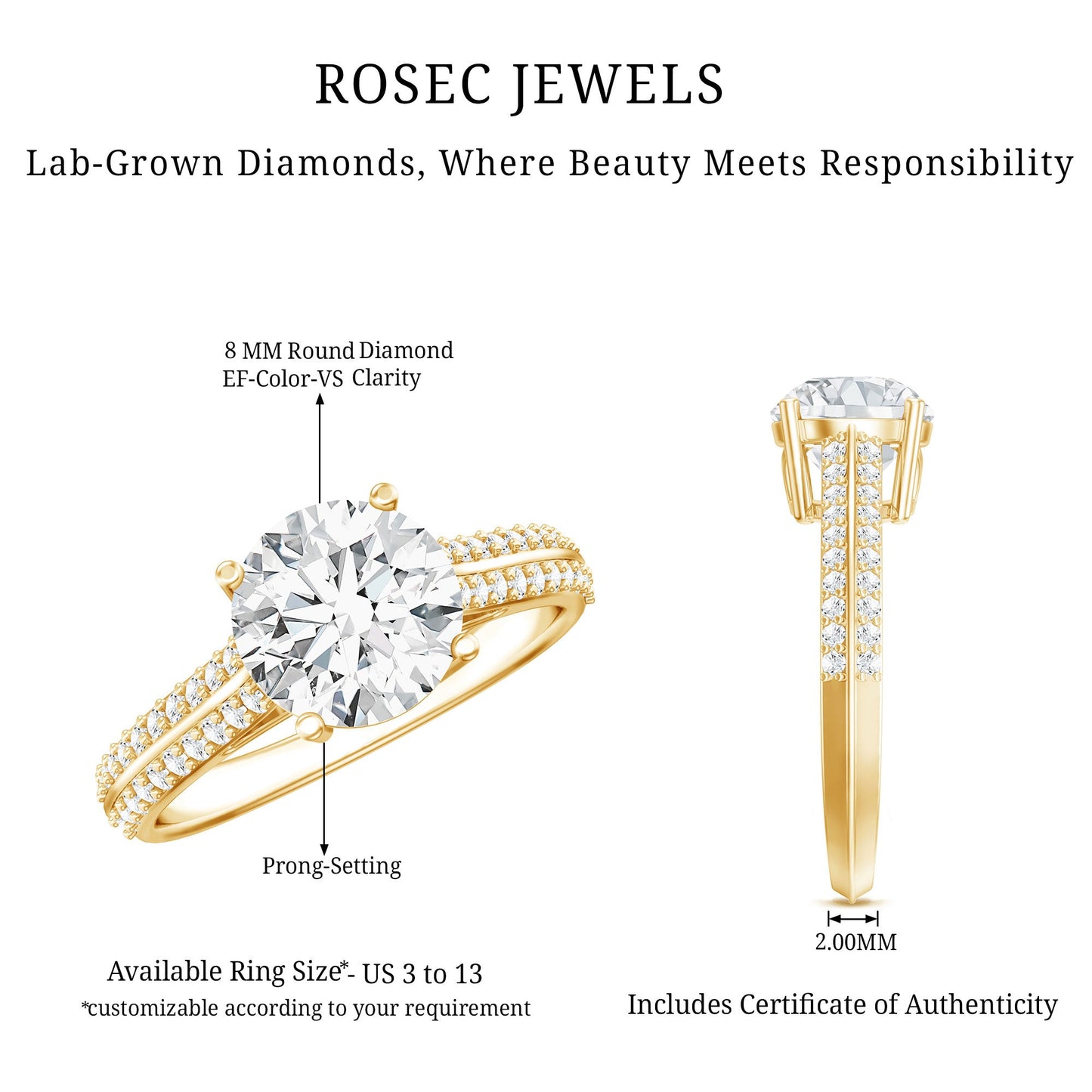 Certified Lab Grown Diamond 8 MM Simple Engagement Ring With Side Stones