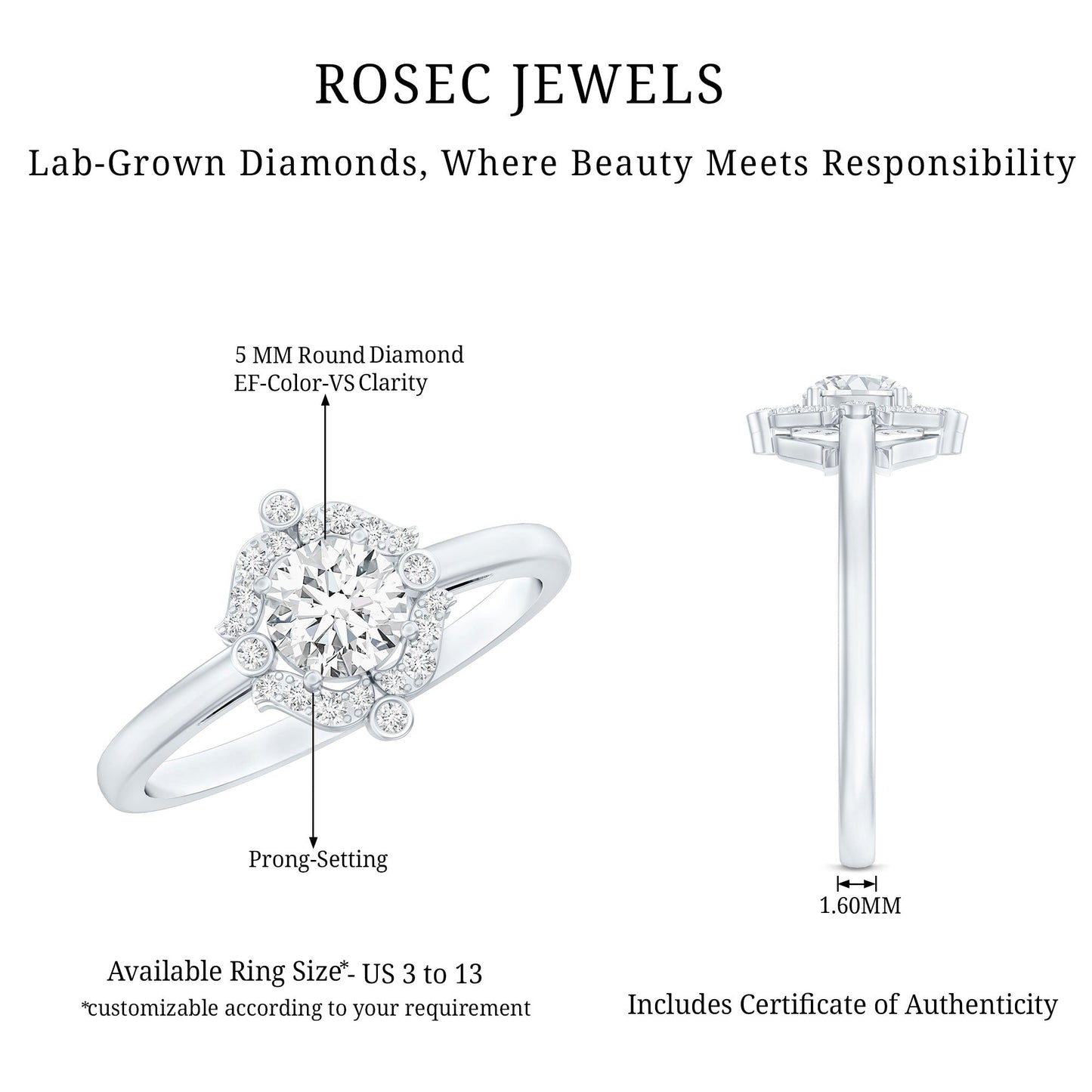 Certified 5 MM Lab Grown Diamond Unique Engagement Ring