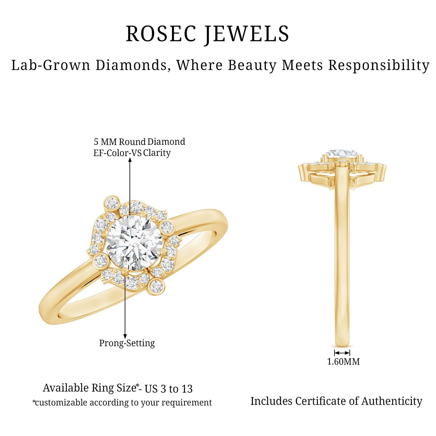 Certified 5 MM Lab Grown Diamond Unique Engagement Ring